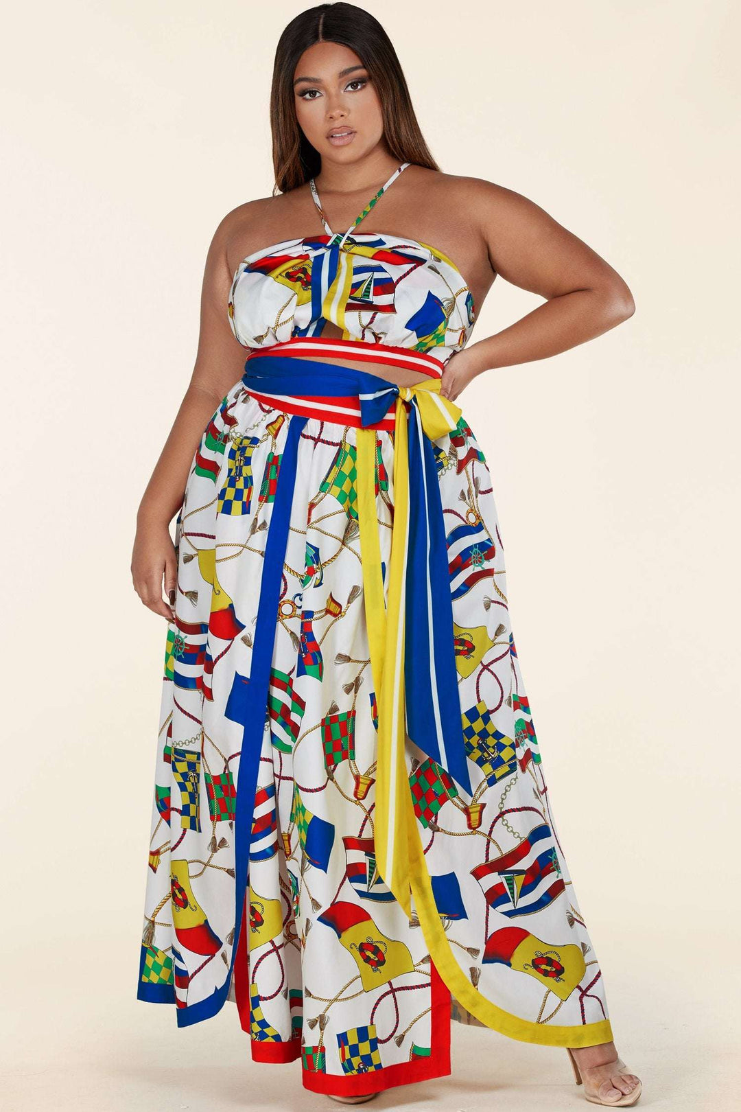 Fasheabe Plus Size Two-Piece Marine Maxi Skirt Set