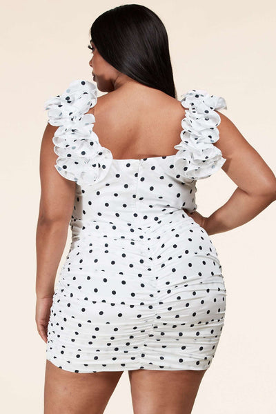 Fasheabe Polka-Dot Ruffled Ruched Silk-like Mini Dress