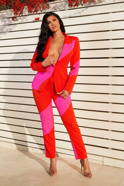 Fasheabe Red and Pink Blazer Pants Set