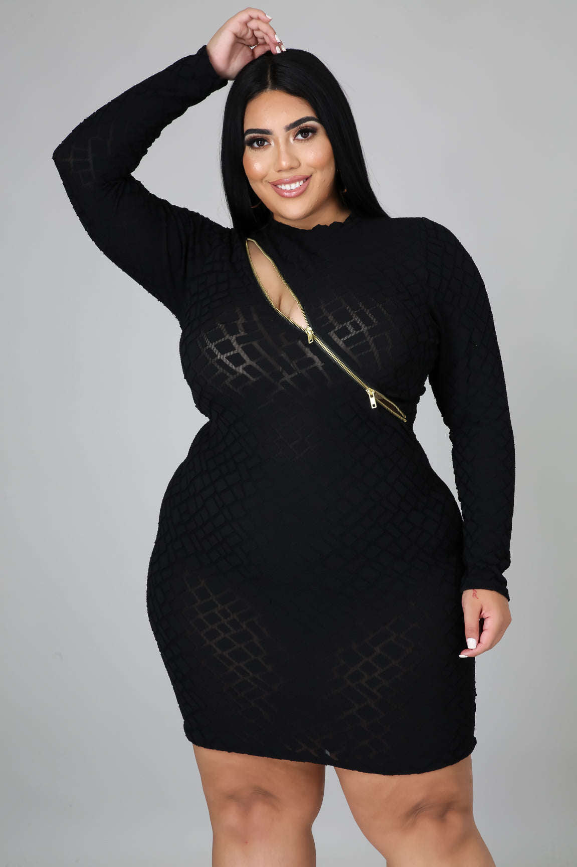 Fasheabe Round Neckline Long Sleeve Stretch Dress - Black