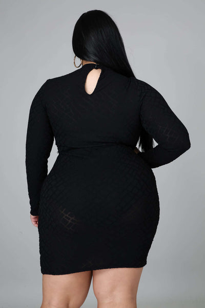 Fasheabe Round Neckline Long Sleeve Stretch Dress - Black