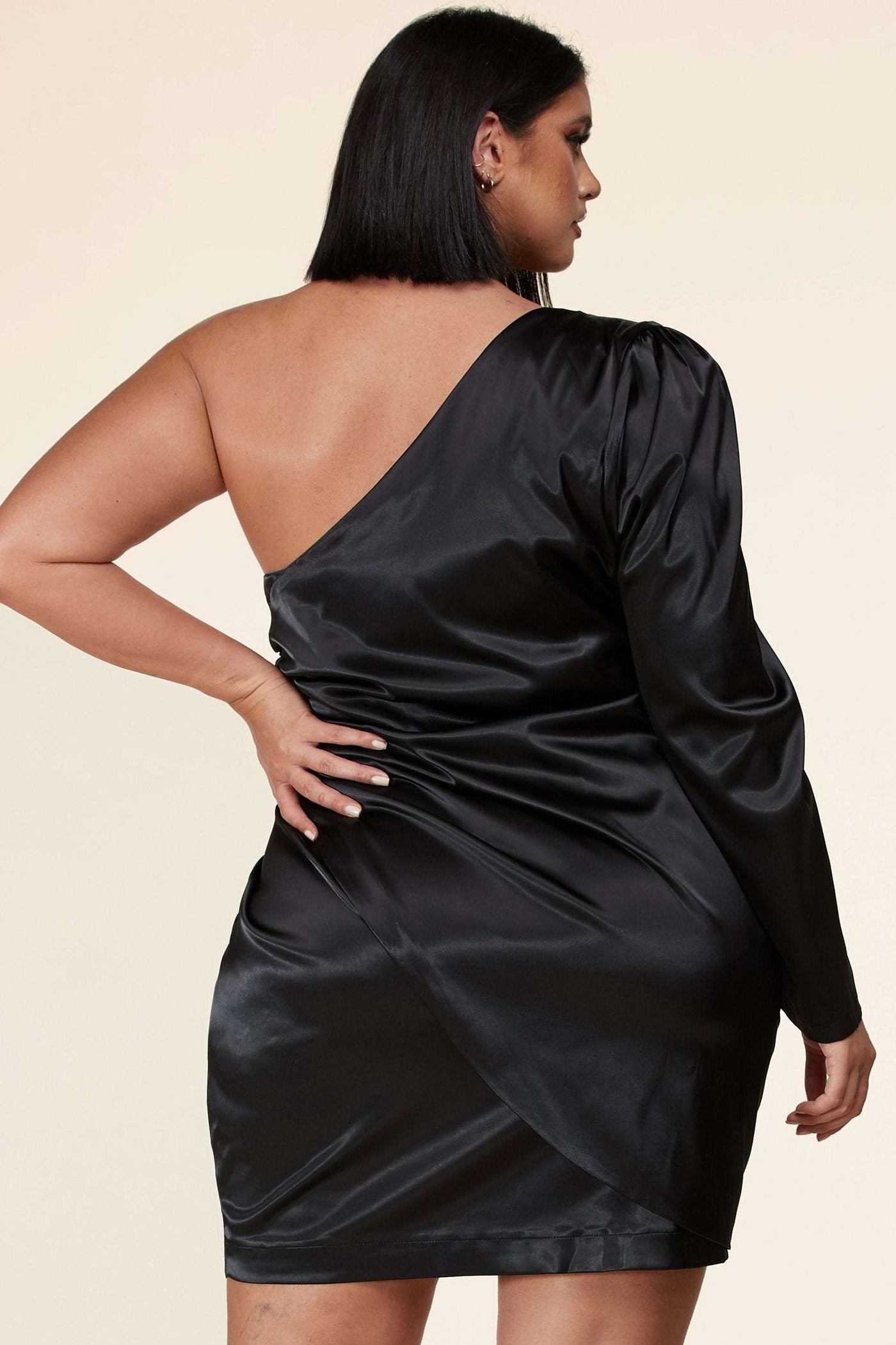 Fasheabe Satin Single Shoulder Mini Dress - Black