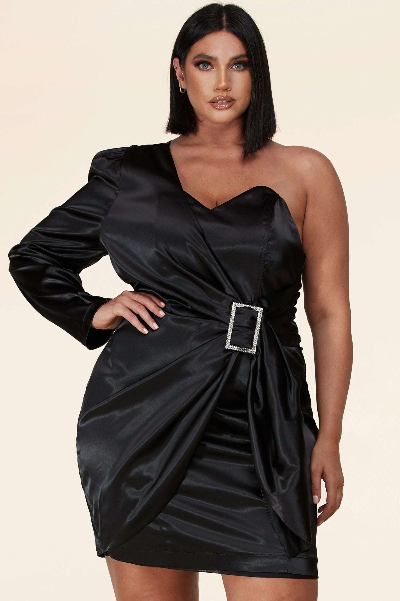 Fasheabe Satin Single Shoulder Mini Dress - Black