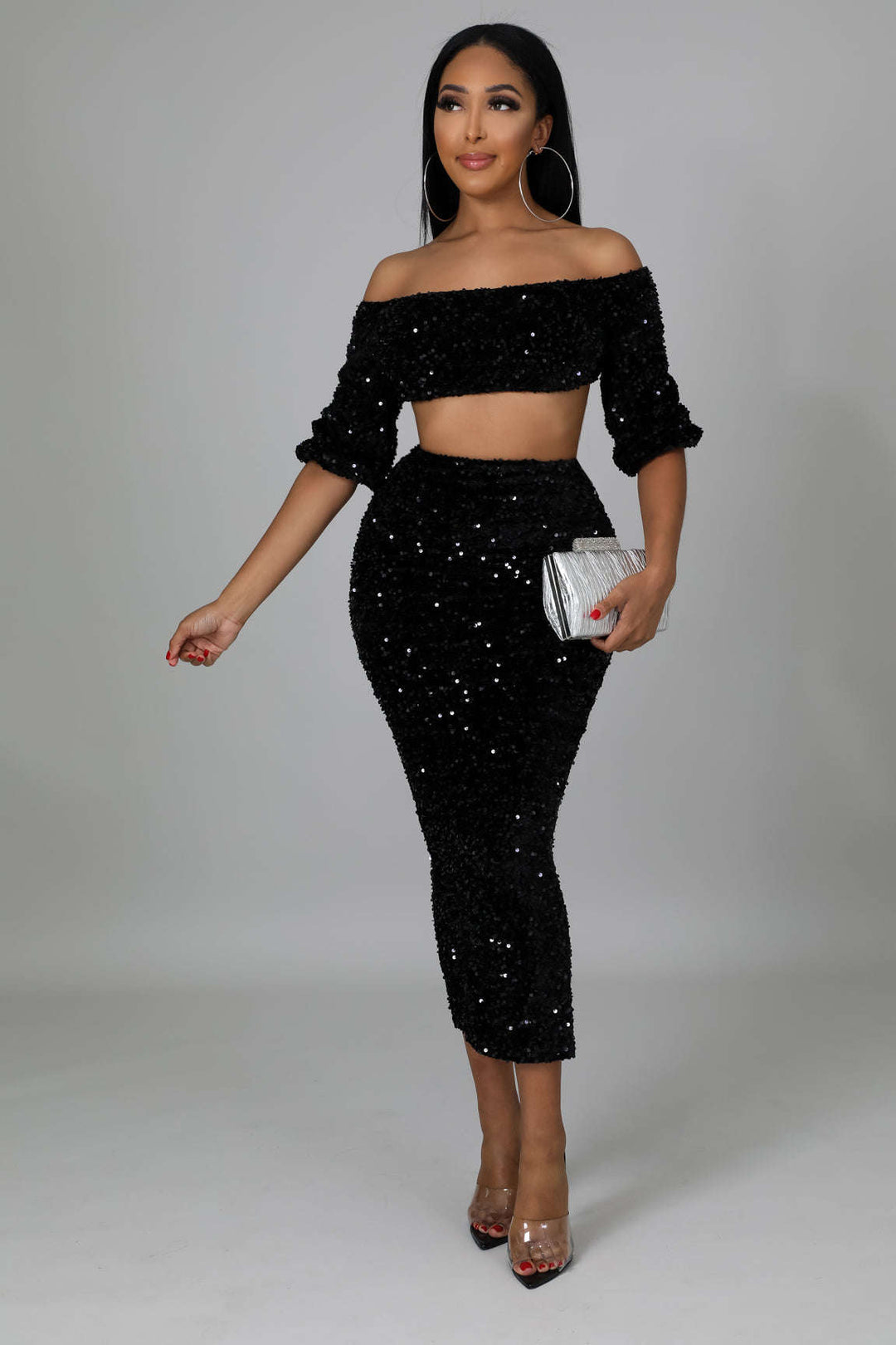 Fasheabe Sequin Matching Crop Top Midi High Waisted Skirt Set Black