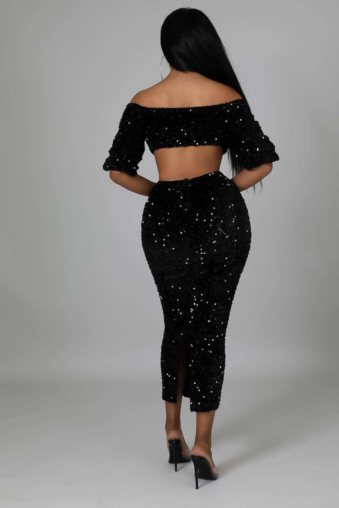 Fasheabe Sequin Matching Crop Top Midi High Waisted Skirt Set - Black