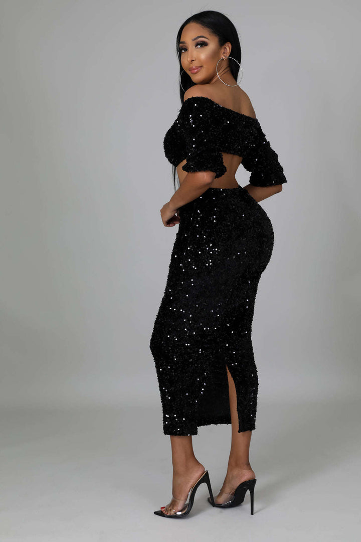 Fasheabe Sequin Matching Crop Top Midi High Waisted Skirt Set - Black