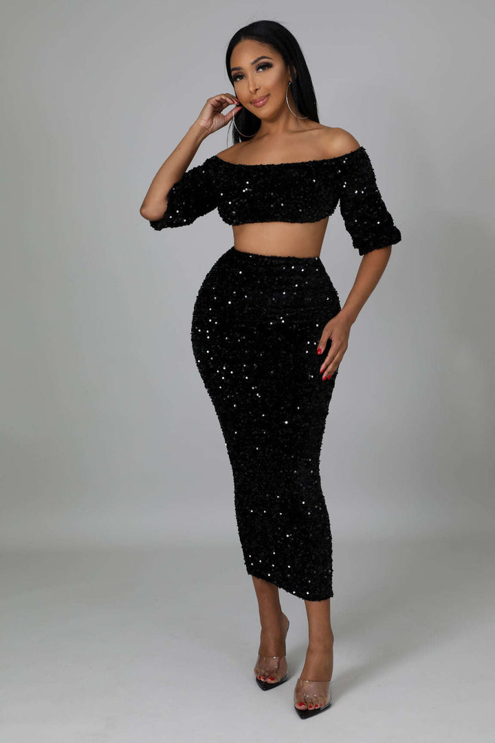 Fasheabe Sequin Matching Crop Top Midi High Waisted Skirt Set - Black