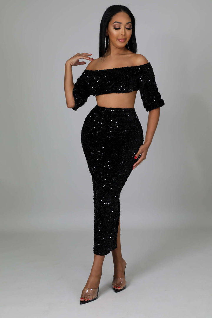 Fasheabe Sequin Matching Crop Top Midi High Waisted Skirt Set - Black