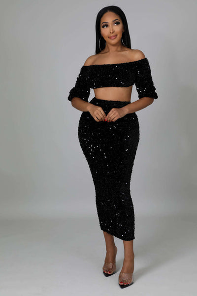 Fasheabe Sequin Matching Crop Top Midi High Waisted Skirt Set - Black