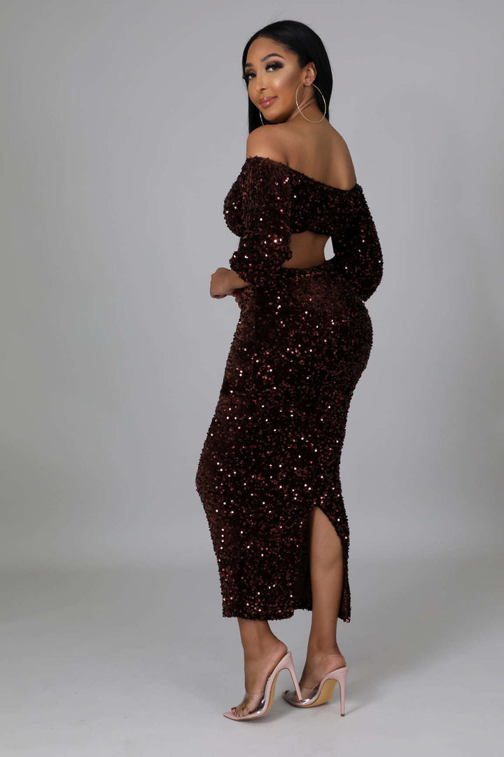 Fasheabe Sequin Matching Crop Top Midi High Waisted Skirt Set - Brown