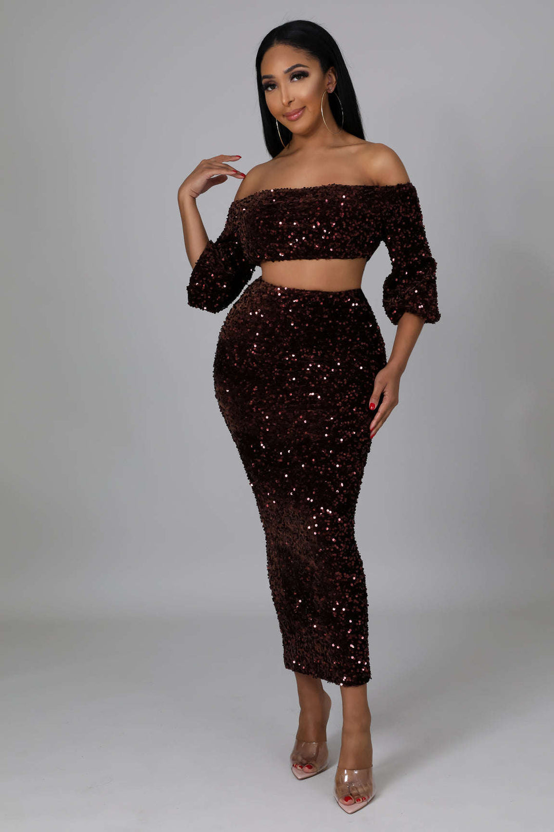 Fasheabe Sequin Matching Crop Top Midi High Waisted Skirt Set - Brown