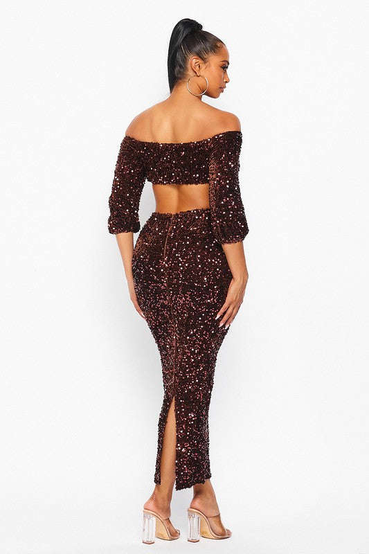 Fasheabe Sequin Matching Crop Top Midi High Waisted Skirt Set - Brown