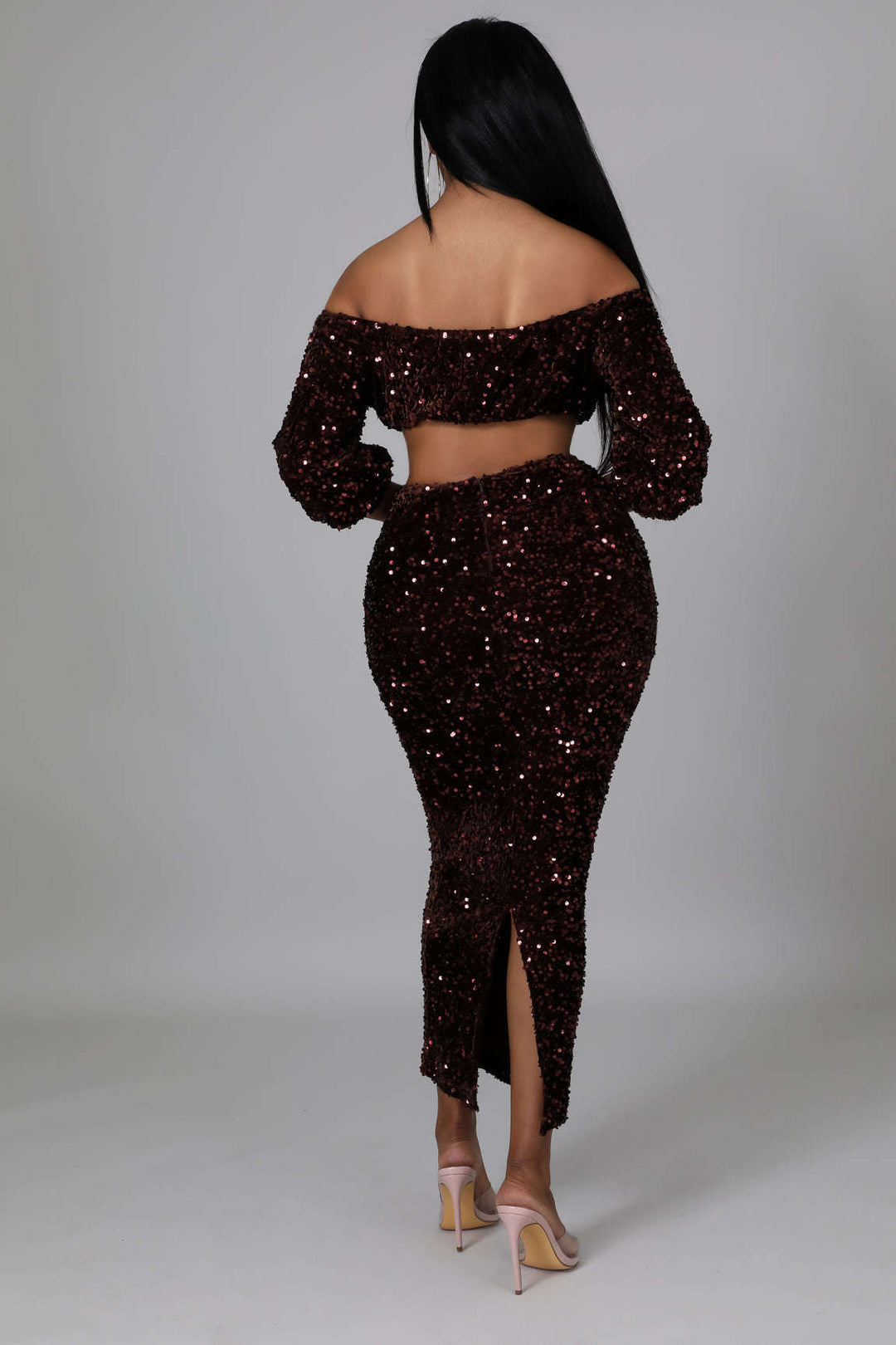 Fasheabe Sequin Matching Crop Top Midi High Waisted Skirt Set - Brown