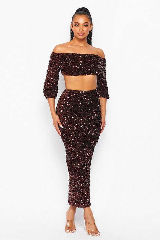 Fasheabe Sequin Matching Crop Top Midi High Waisted Skirt Set - Brown