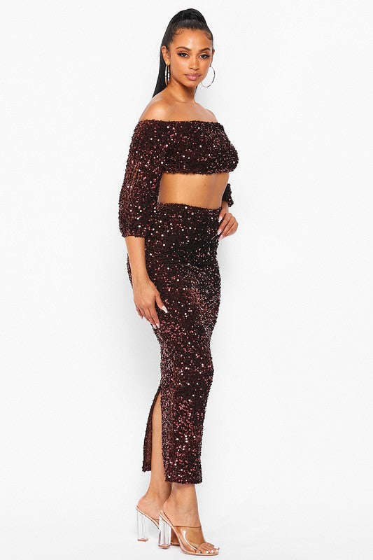 Fasheabe Sequin Matching Crop Top Midi High Waisted Skirt Set - Brown