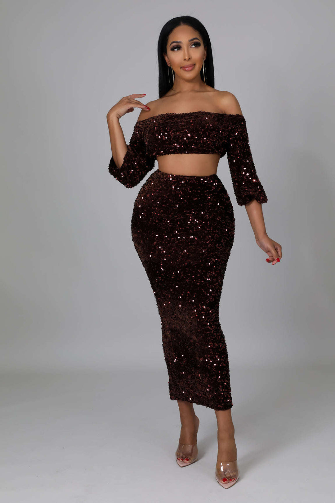 Fasheabe Sequin Matching Crop Top Midi High Waisted Skirt Set - Brown