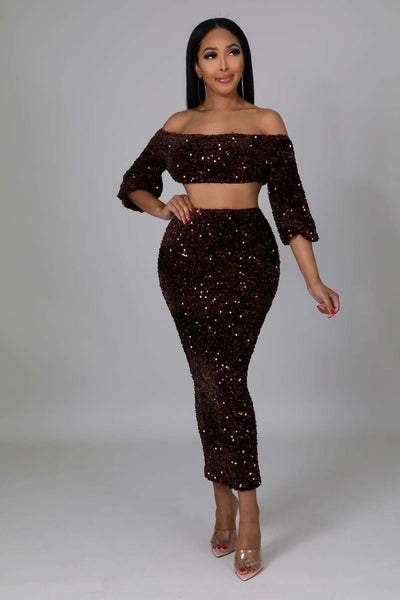 Fasheabe Sequin Matching Crop Top Midi High Waisted Skirt Set - Brown