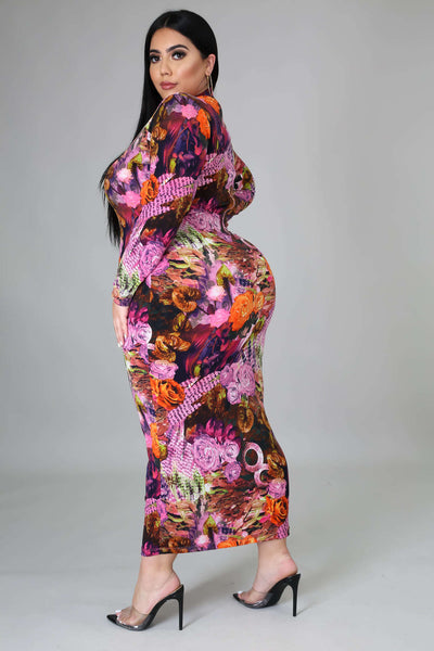 Fasheabe Stretch Long Sleeve Bodycon Dress - Curve - Multi