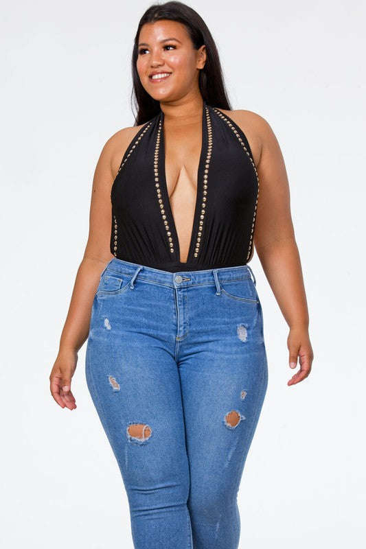 Fasheabe Studded Backless Bodysuit  - Black