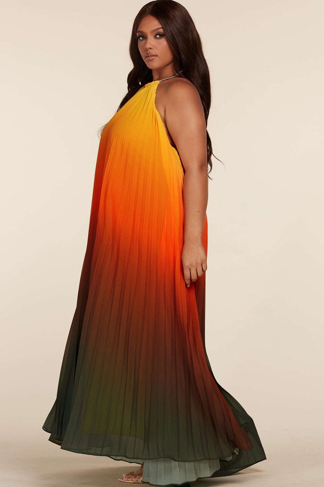 Fasheabe Sunset Ombre Multi Color Halter Maxi Dress