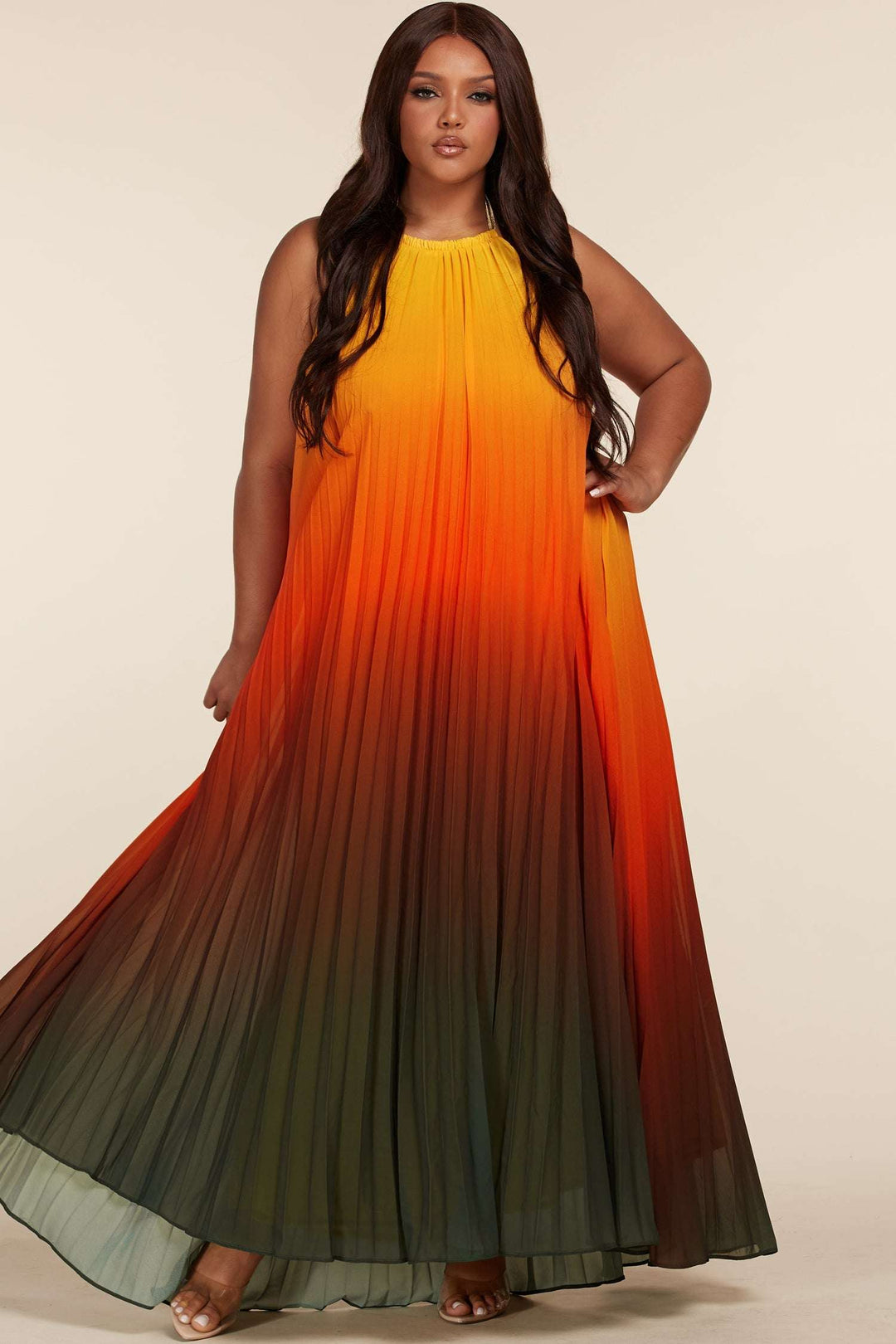 Fasheabe Sunset Ombre Multi Color Halter Maxi Dress