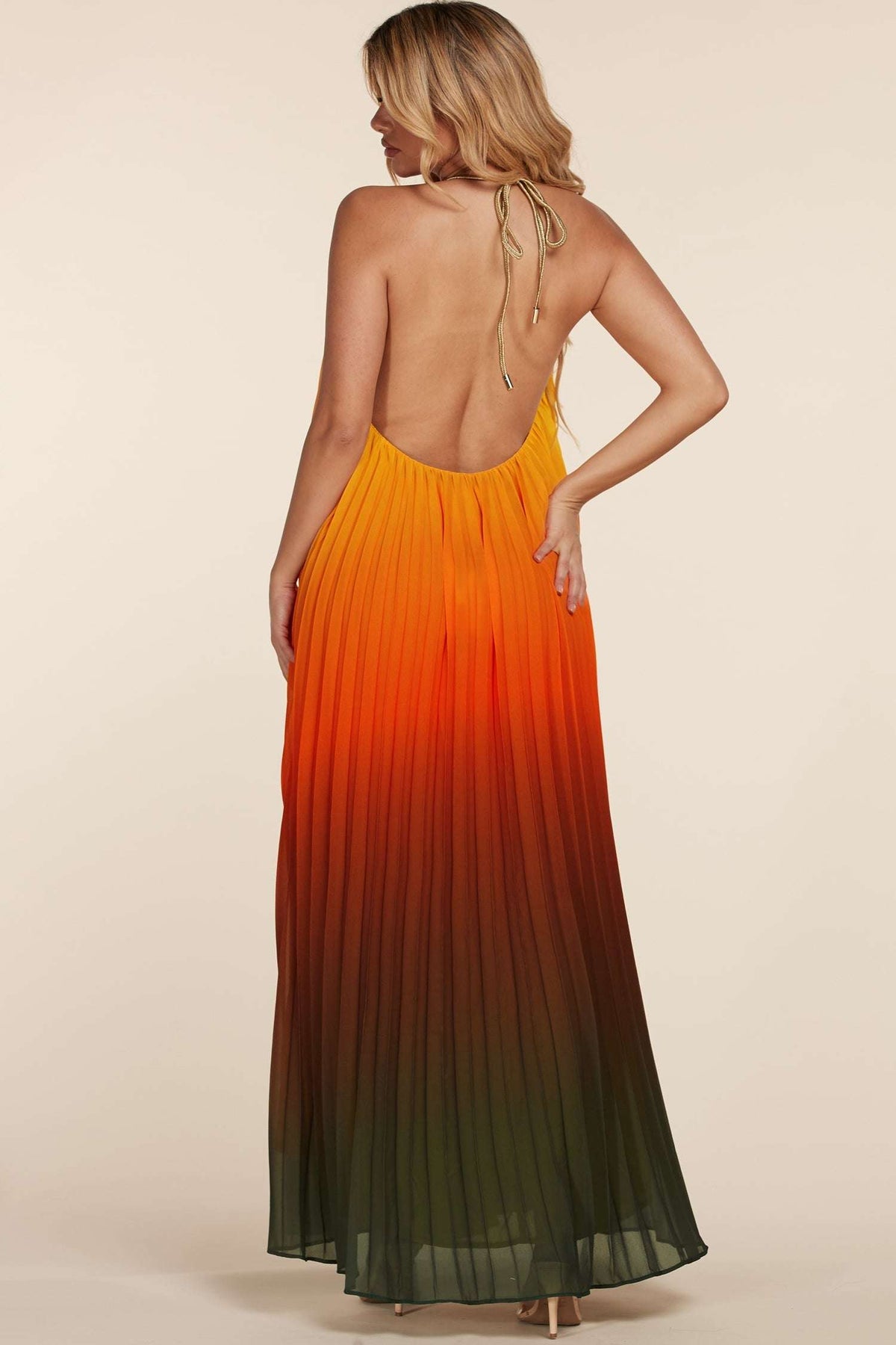 Fasheabe Sunset Ombre Multi Color Halter Maxi Dress