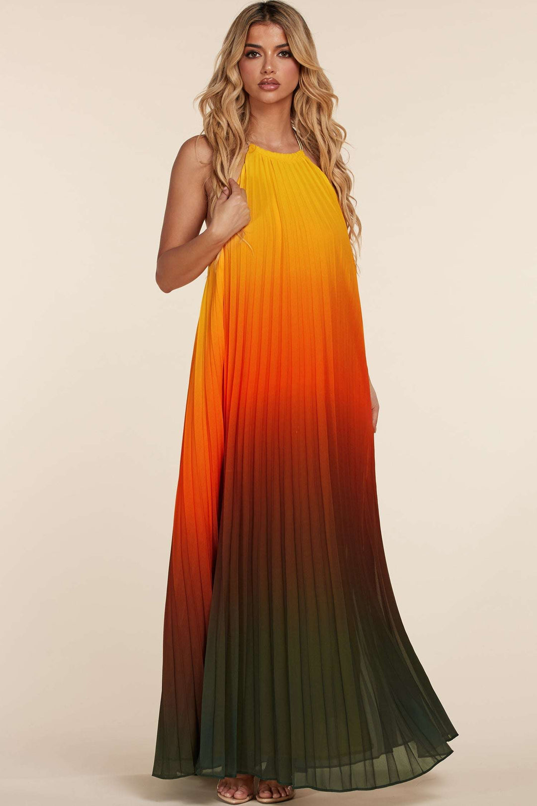 red orange yellow ombre dress Fiorella Knit Midi Chic & Stylish PEGASI adjustable spaghetti straps and an empire waist Satu FSC Certified Viscose Dress