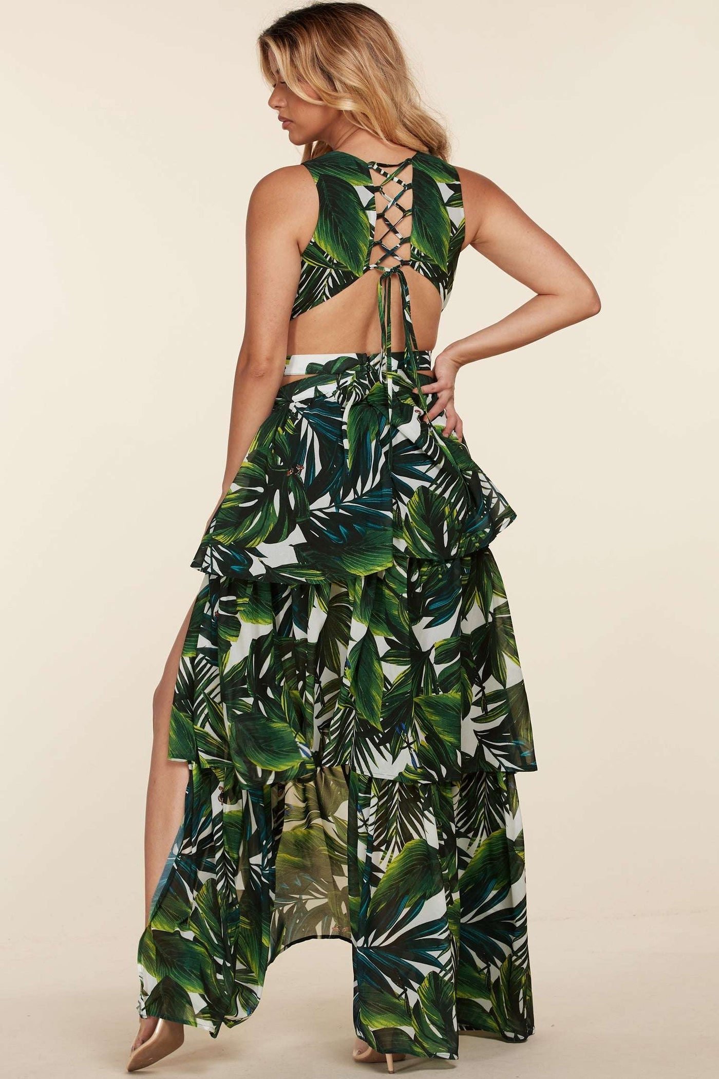Fasheabe Tropical Leaf Open Front Maxi Dress