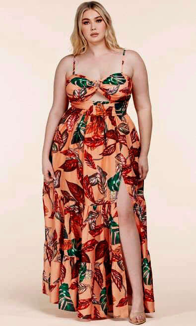 Fasheabe Tropical Print Strapless O-ring cut-out Maxi Dress