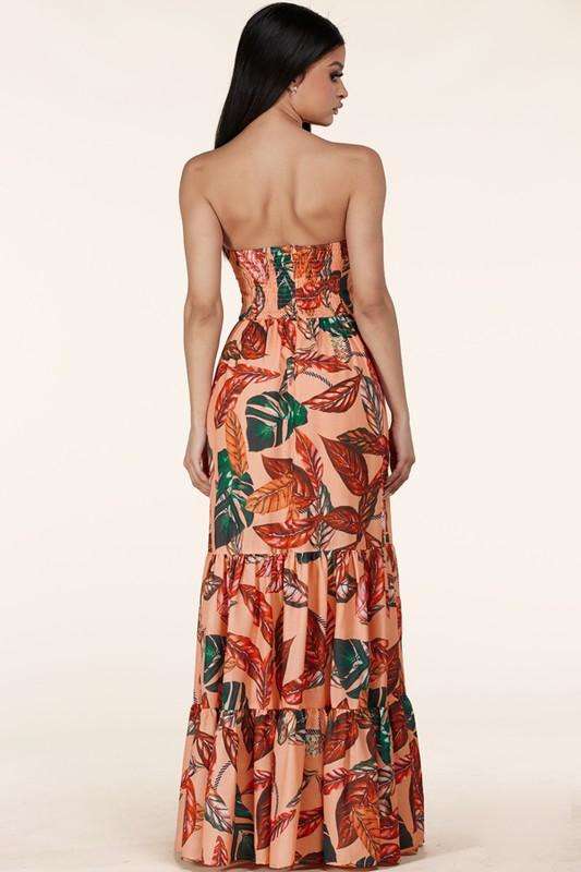Fasheabe Tropical Print Strapless O-ring cut-out Maxi Dress
