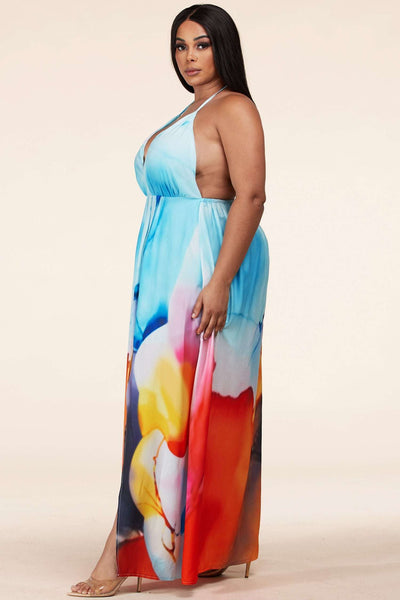 Fasheabe Watercolor Print Wrap Plus Maxi Dress