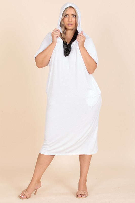 Fasheabe White Solid Color Laser Cut Tunic Midi Dress With Hoodie