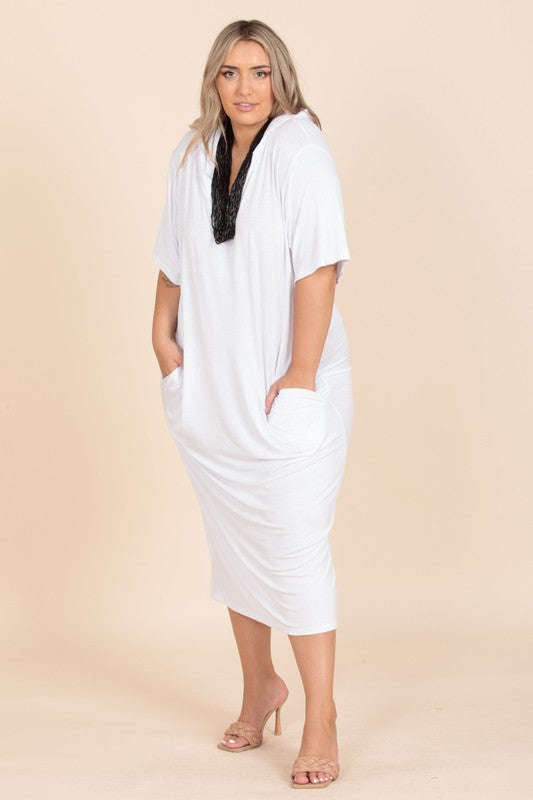 Fasheabe White Solid Color Laser Cut Tunic Midi Dress With Hoodie
