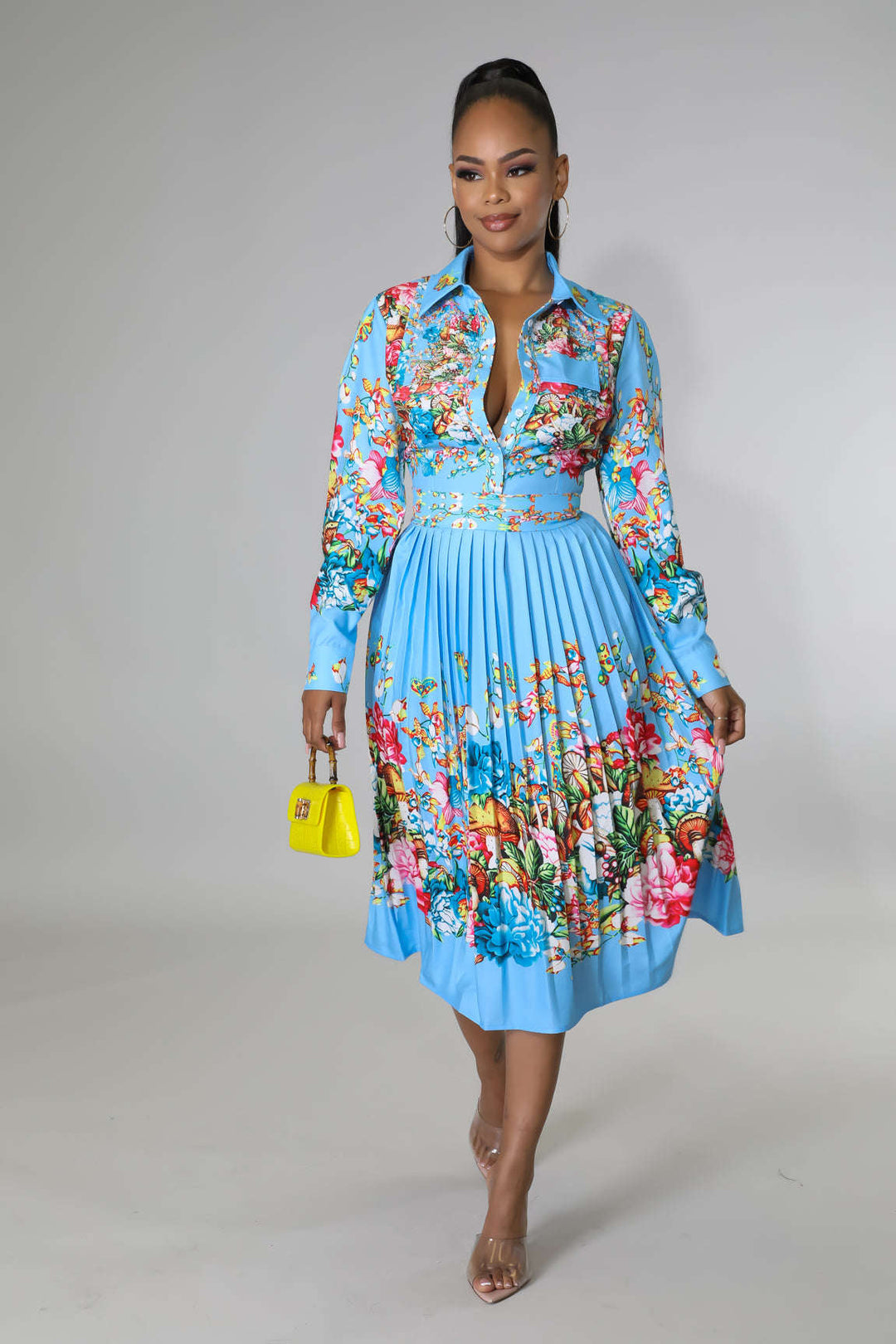 Pleated Print Long Sleeve Mid-Calf Lapel Standard-Waist Pullover Dress Fasheabe Pleated Print Long Sleeve Mid-Calf Lapel Standard-Waist Pullover Dress Fasheabe