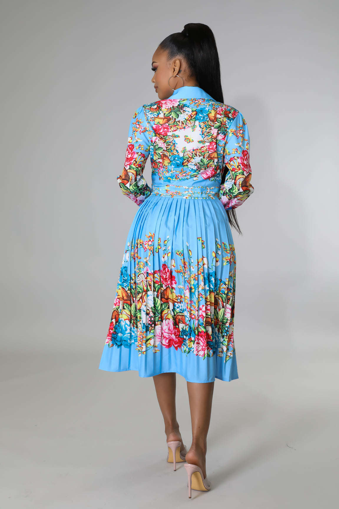 Pleated Print Long Sleeve Mid-Calf Lapel Standard-Waist Pullover Dress